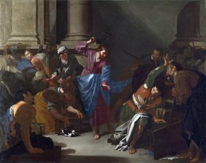 Christus vertreibt die Händler aus dem Tempel, Gemälde von Bernardo Cavallino (1616-1656), ca. 1645 von Bernardo Cavallino