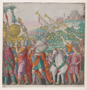 Blatt 4: Männer, die Trophäen tragen, links, Trompeter rechts, aus Der Triumph von Julius Ca..., 1599