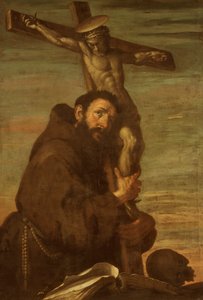 Der heilige Franz von Assisi umarmt ein Kruzifix, ca. 1600-1640