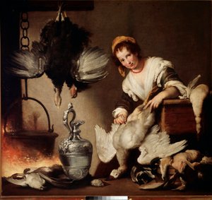 Die Köchin, Frau beim Entenrupfen von Bernardo Strozzi