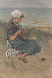 Mädchen, das in den Dünen strickt von Bernardus Johannes Blommers