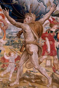 Flämischer Wandteppich. Serie Die Sphären. Herkules trägt die Himmelskugel. Erster Wandteppich der Serie. Modell Barend van Orley oder Pieter Coecke van Aelst. 1525-1530. Herstellung Joris Vezeleer (Georg Wezeler)?