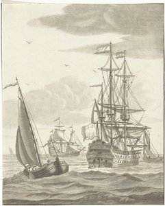 Kriegsschiff und drei Segelschiffe auf hoher See