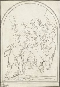 Fünf Putti bei einer Vase mit Weinranke von Bernhard Schreuder