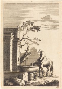 Pferd und Reiter an einem Brunnen von Bernhard Zaech after Jonas Umbach