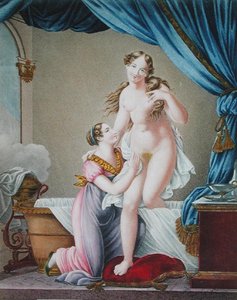 Frau steigt aus ihrem Bad, assistiert von ihrer Magd, um 1820