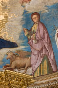 Apsis, Catino Apsis, Pantokrator unter den Heiligen Marcellino, Imerio, Omobono, Peter Exorzist, Detail St. Omobono von Boccaccio Boccaccino