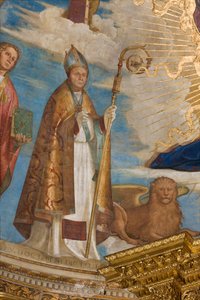 Apsis, Catino Apsis, Pantokrator unter den Heiligen Marcellino, Imerio, Omobono, Peter Exorzist, Detail von St. Imerio von Boccaccio Boccaccino