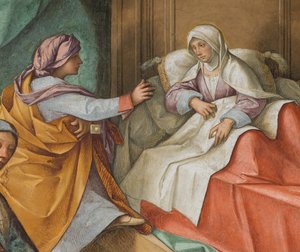 Zentrales Kirchenschiff, Zweite Nordspanne, Geburt der Jungfrau, Boccaccio Boccaccino 1514-15, Detail von Boccaccio Boccaccino