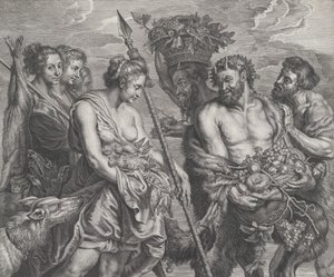 Diana kehrt von der Jagd zurück, begleitet von Hunden und ihren Nymphen links, zwei Sat..., ca. 1640-59 von Boetius Adams Bolswert