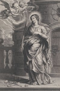 Heilige Barbara mit Palmblättern, einem Schwert und Blumen zu ihren Füßen, zwei Putti, ca. 1625-59