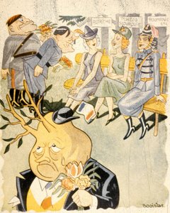 Karikatur, die Deutschland darstellt, wie es Frauen umwirbt, als Personifikationen von Österreich, Tschechoslowakei und Rumänien von Bogislas