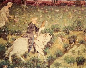 Der Monat September, Detail eines Reiters mit einem Falken, ca. 1400