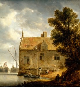 Bauarbeiter reparieren ein Haus am Fluss