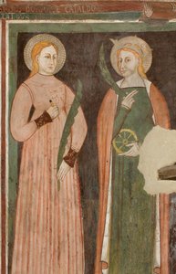Nordquerhaus, Altar des Erzengels Michael, hinter dem Altarbild die Fresken von Bonifacio Bembo, Heilige Aquilina und Heilige Katharina von Alexandria von Bonifacio Bembo