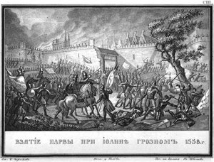Die russische Armee erobert Narva am 11. Mai 1558 aus dem illustrierten Karamzin, 1836 von Boris Artemyevich Chorikov