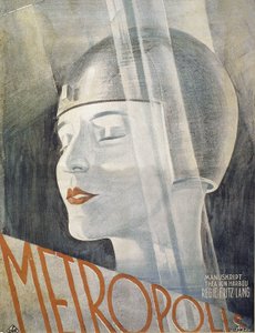Plakat des Films Metropolis von Fritz Lang (1926). Das Grafikdesign stammt wahrscheinlich vom Künstler Boris Bilingusky.