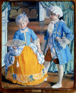 Kinder im Rokoko-Kostüm. Der Junge trägt Strümpfe und Perücke, das Mädchen hält einen Spitzenfächer. Gemälde von Boris Michailowitsch Kustodijew (1878-1927), Öl auf Leinwand