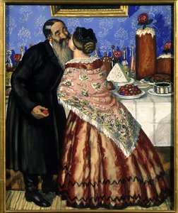 Die österlichen Grüße (ein Paar küsst sich neben dem gedeckten Ostertisch) - Gemälde von Boris Michaylovich Kustodiev (1878-1927), Tempera auf Karton von Boris Mikhailovich Kustodiev