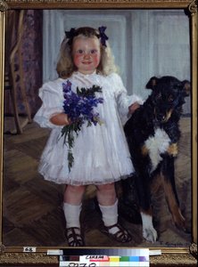 Porträt der Tochter Irina mit dem Hund Schumka von Boris Mikhailovich Kustodiev