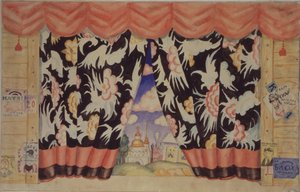 Skizze des Vorhangs für das Theaterstück Der Floh von E. Zamyatin, 1925-1926 von Boris Mikhailovich Kustodiev