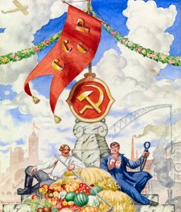 "Arbeiter und Bauer vereint unter der kommunistischen Flagge" - Propagandaposter von Boris Michaylovich Kustodiev (1923)