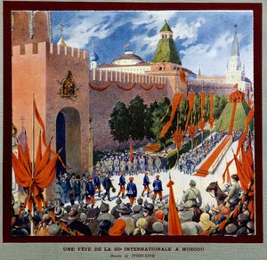 Feier der Dritten Internationale in Moskau. Die Dritte Internationale (oder Komintern oder Kommunistische Internationale) wurde am 2. März 1919 gegründet. Zeichnung von Boris Zvorykin (1872-1935)