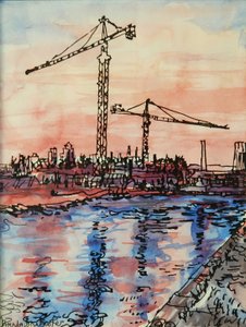 Abend am Kanal mit Kränen