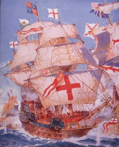 Ark Royal kämpft gegen die Spanische Armada im Jahr 1588 von British School