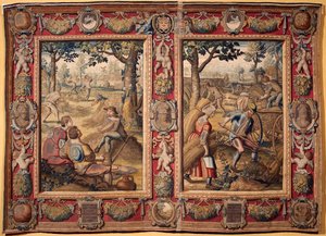 Juli und August: „landwirtschaftliche Arbeiten und Ernten“ Wandteppich der Manufakturen von Mortlake. 17. Jahrhundert Genua, Musei di Strada Nuova von British School