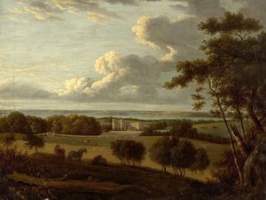 Landschaft in Küstennähe (Ansicht eines Herrenhauses mit Meer im Hintergrund)