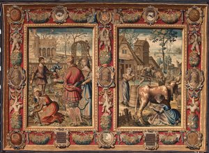 März und April: „landwirtschaftliche Arbeit und Kuhmelken“ Tapisserie der Manufakturen von Mortlake. 17. Jahrhundert Genua, Musei di Strada Nuova von British School