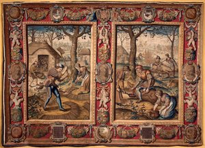 November und Dezember: landwirtschaftliche Arbeit und Schweineschlachtung, Tapisserie der Mortlake-Manufakturen, 17. Jahrhundert, Genua, Musei di Strada Nuova von British School