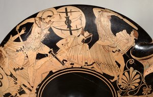 Attische rotfigurige Schale mit Szenen aus dem Trojanischen Krieg, ca. 490 v. Chr. (Keramik) (Detail)