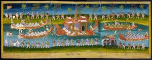 Parabaik-Bild, das ein königliches Fest auf dem Wasser zeigt, Königliche Barkenprozession, Or 16761, f. 35r