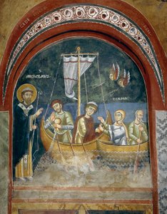 Erscheinung des heiligen Nikolaus vor schiffbrüchigen Reisenden, Detail aus den Geschichten des Lebens des heiligen Nikolaus, Romanische Fresken im byzantinischen Stil, spätes 11. Jahrhundert, Kapelle des heiligen Eldrad und des heiligen Nikolaus, Abtei No