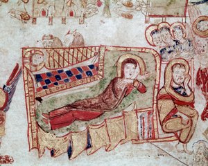 Byzantinische Kunst: „Die Geburt Christi und die Verkündigung an die Hirten“. Miniatur aus dem „Exultet“ vom Anfang des 11. Jahrhunderts. Museo Diocesano, Gaeta von Byzantine