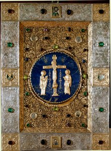 Byzantinische Kunst: Evangelienbuchdeckel mit Goldblättern und Filigrankreuz, das die Jungfrau und den Heiligen Johannes darstellt. 13. Jahrhundert. Venedig, Tesoro di San Marco von Byzantine