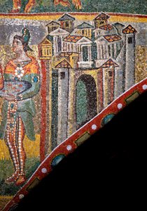 Christliche Kunst: „Anbetung der Heiligen Drei Könige“. Detail der Landschaft. Mosaik des 5. Jahrhunderts. Triumphbogen, Basilika Santa Maria Maggiore, Rom. von Byzantine