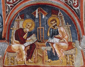 Evangelisten Lukas und Matthäus schreiben Evangelien, Karanlik Kilise (Dunkle Kirche) (12.-13. Jahrhundert), Göreme (Unesco-Welterbeliste)