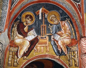 Evangelisten Markus und Johannes schreiben die Evangelien, Karanlik Kilise (Dunkle Kirche) (12.-13. Jahrhundert), Göreme (UNESCO-Welterbe)