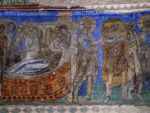 Heilung der Schwiegermutter von Simon Petrus und des Gelähmten, Byzantinisches Fresko (12. Jahrhundert), Tokali Kilise (Schnallenkirche) (12.-13. Jahrhundert), Göreme (UNESCO-Welterbe)