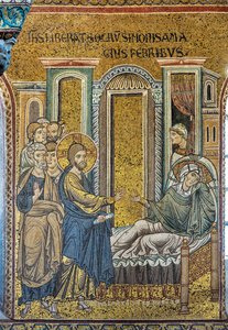Jesus heilt Simons Schwiegermutter vom Fieber, byzantinisches Mosaik, Episoden aus dem Leben Christi, XII-XIII Jahrhundert