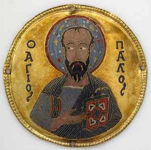 Medaille mit dem Heiligen Paulus von einem Ikonenrahmen, ca. 1100 (Gold, Silber und Email Cloisonné)