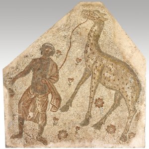 Mosaikfragment mit einem Mann, der eine Giraffe führt, 401-500 n. Chr.