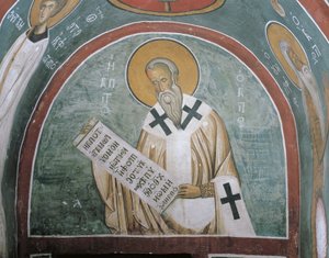 Gemälde eines Heiligen mit einem Brief, St. Ignatius von Antiochien, Panagia Too Araka, Lagoudera, Zypern von Byzantine