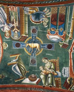 Geschichten aus dem Leben des heiligen Nikolaus, Detail der romanischen Fresken im byzantinischen Stil, spätes 11. Jahrhundert, Kapelle des heiligen Eldrad und des heiligen Nikolaus, Abtei Novalesa, Piemont