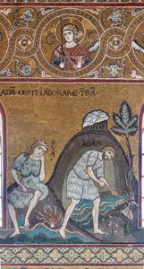 Die Arbeiten und das Werk von Adam und Eva, byzantinisches Mosaik, Alttestamentlicher Zyklus-Irdisches Paradies, XII-XIII Jahrhundert