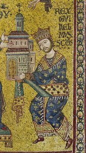 Querschiff: das byzantinische Mosaik, das König Wilhelm II. darstellt, der der Jungfrau Maria die Kathedrale anbietet, Detail von Byzantine
