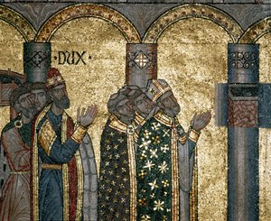 Byzantinische Architektur: Entdeckung der Urne des Heiligen Markus. Detail des Mosaiks auf goldenem Hintergrund. Basilika San Marco, Venedig
